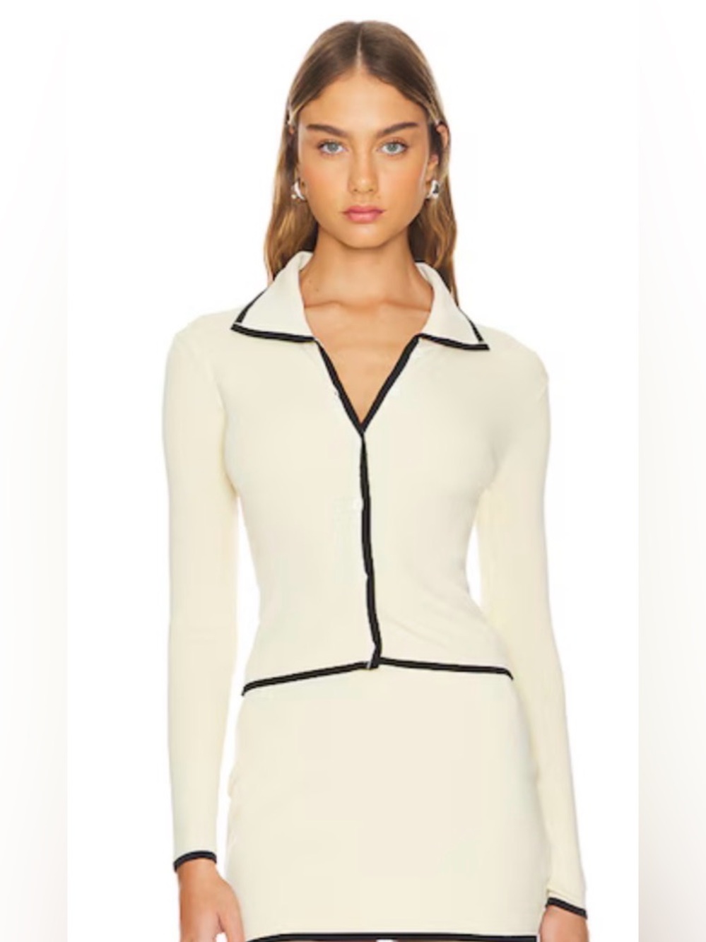 Women’s Cream Long-Sleeve Cardigan with Black Trim & Skirt Set